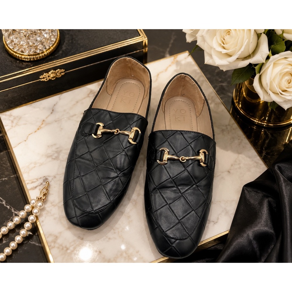 YOKI Women's Black Quilted Faux Leather Horsebit Mule Loafers Size 8